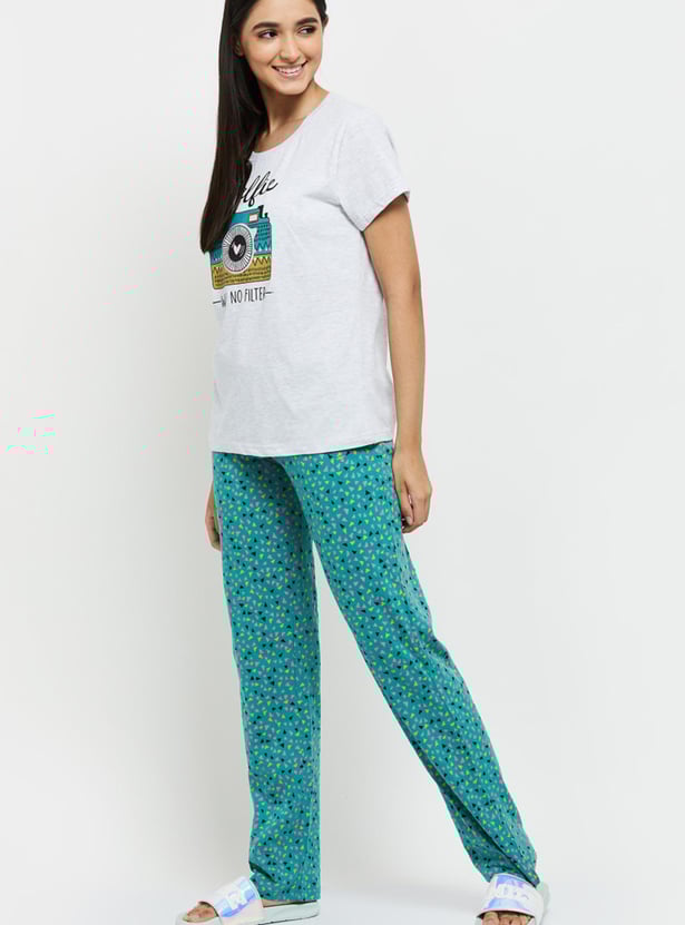 Women Printed Round Neck T-shirt with Elasticated Pyjamas