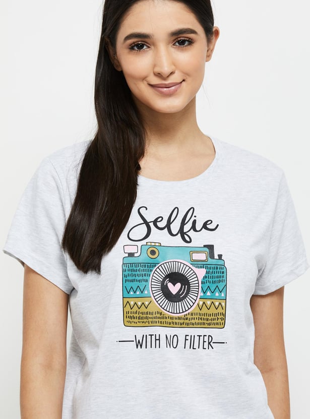 Women Printed Round Neck T-shirt with Elasticated Pyjamas