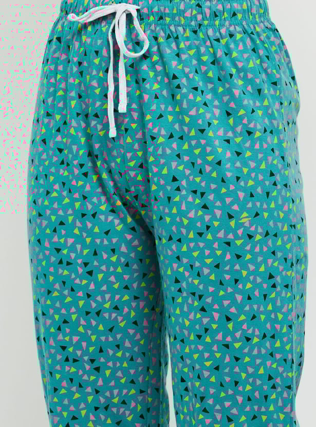 Women Printed Round Neck T-shirt with Elasticated Pyjamas