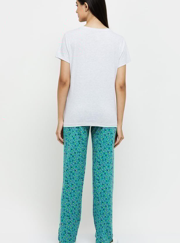 Women Printed Round Neck T-shirt with Elasticated Pyjamas