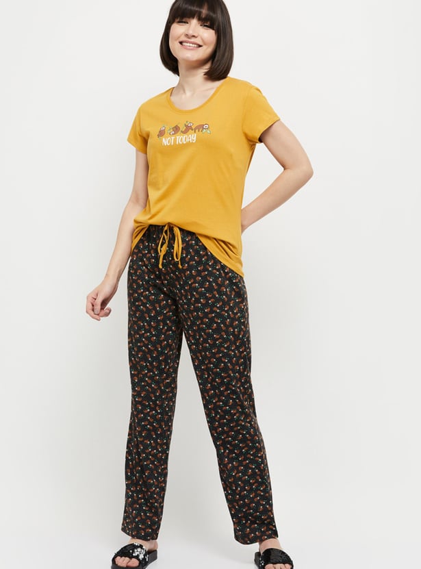 Women Printed T-shirt With Drawstring Waist Pyjamas