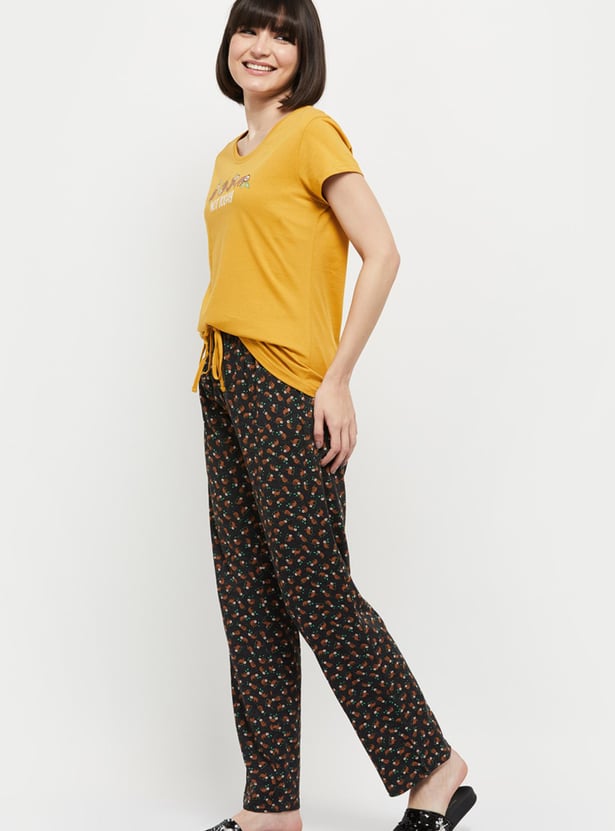 Women Printed T-shirt With Drawstring Waist Pyjamas