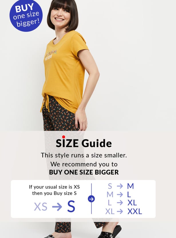 Women Printed T-shirt With Drawstring Waist Pyjamas