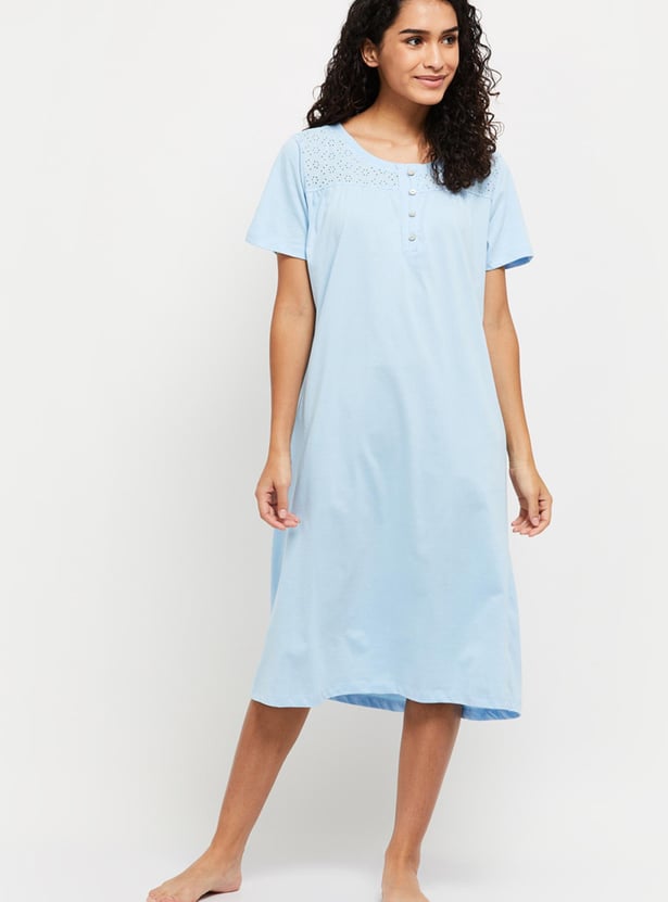 Women Schiffli Embroidered Short Sleeve Night Dress