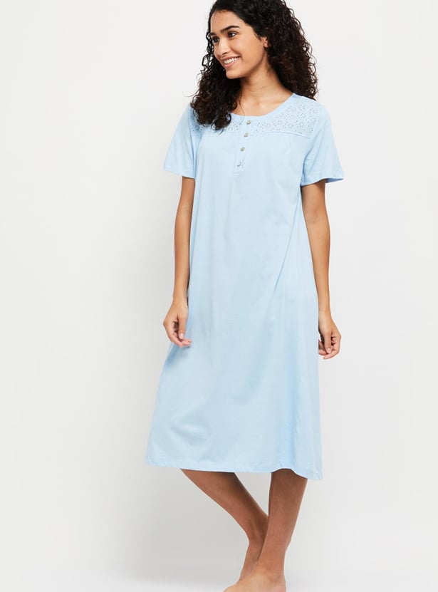 Women Schiffli Embroidered Short Sleeve Night Dress