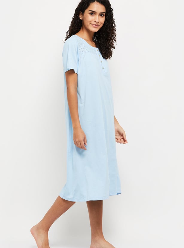 Women Schiffli Embroidered Short Sleeve Night Dress