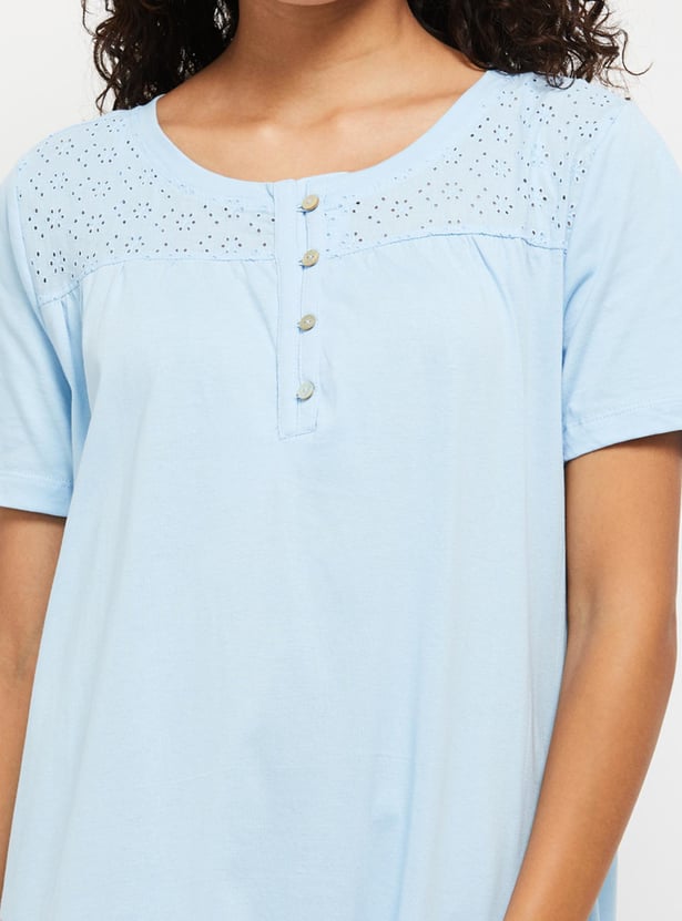 Women Schiffli Embroidered Short Sleeve Night Dress