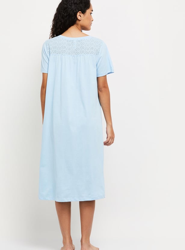 Women Schiffli Embroidered Short Sleeve Night Dress