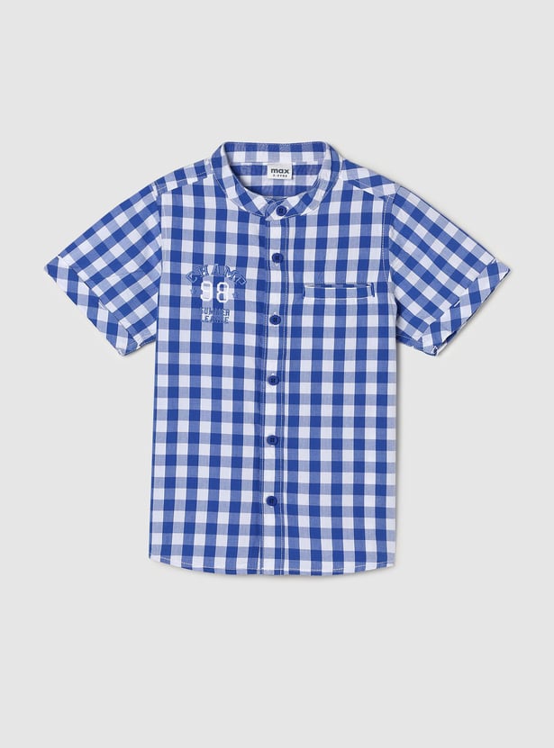 Boys Checked Band Collar Regular Fit Casual Shirt