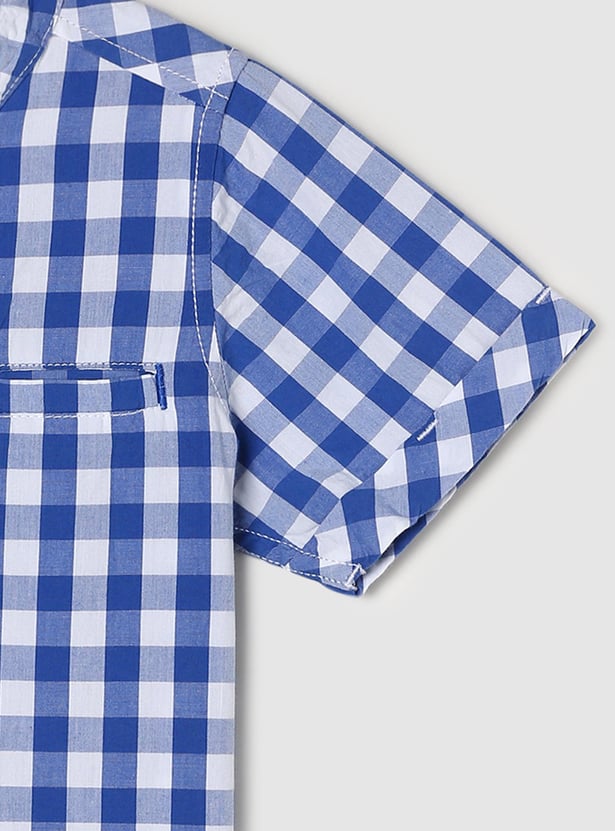 Boys Checked Band Collar Regular Fit Casual Shirt
