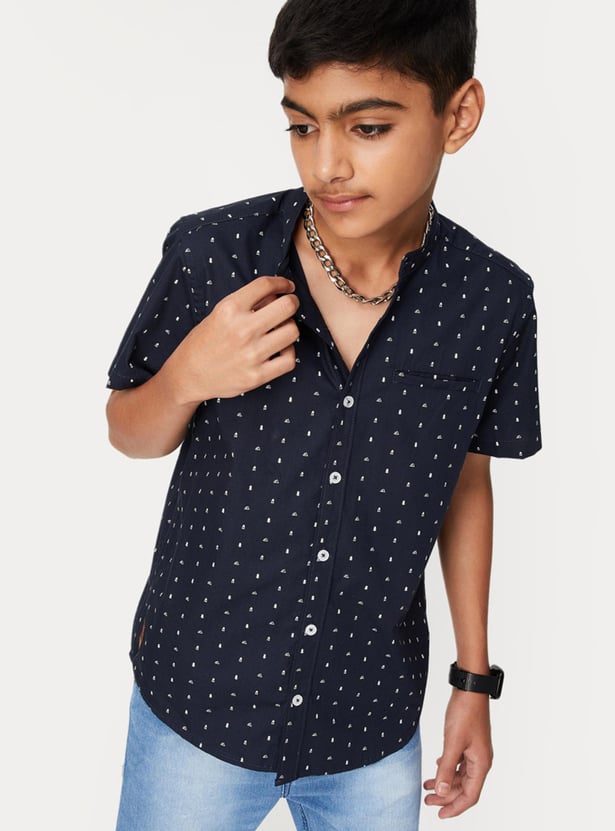 Buy Boys Printed Band Collar Half Sleeves Casual Shirt Online at