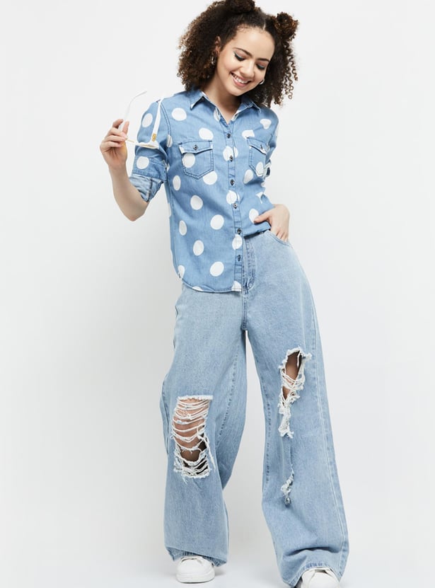 Women Polka-Dot Printed Regular Fit Denim Shirt