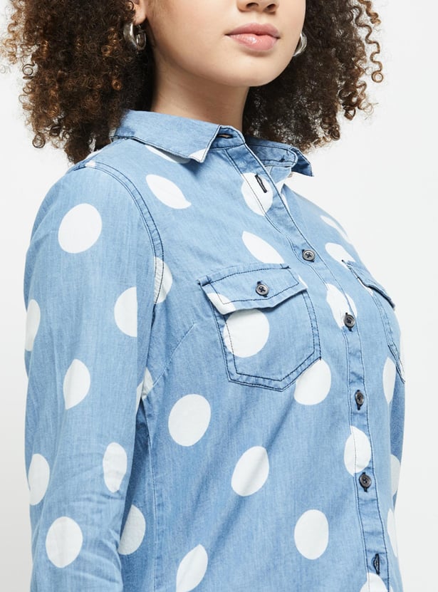 Women Polka-Dot Printed Regular Fit Denim Shirt