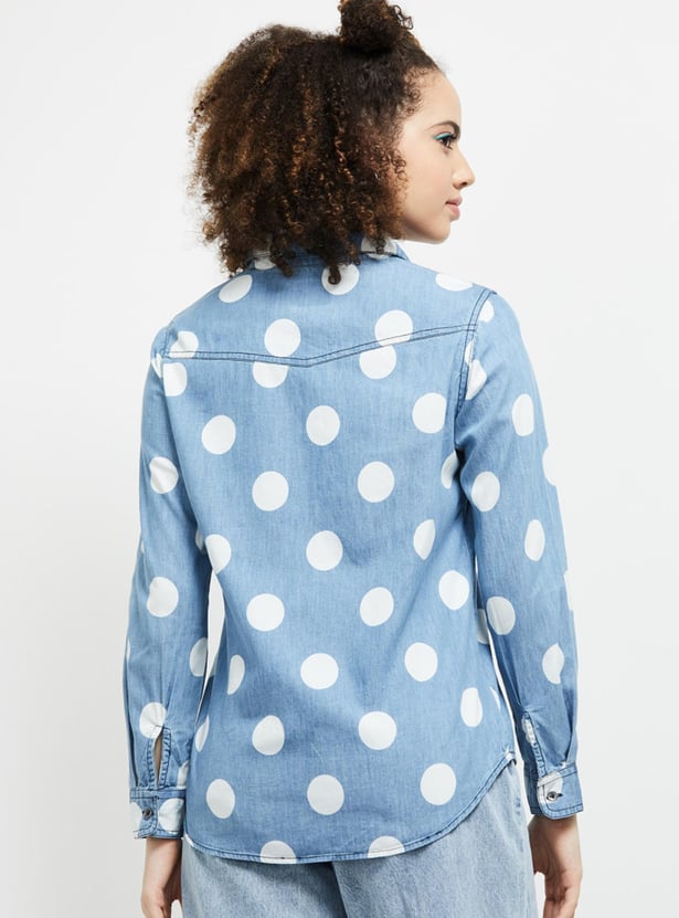 Women Polka-Dot Printed Regular Fit Denim Shirt