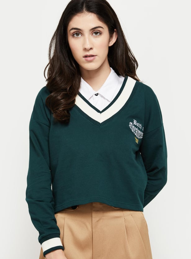 MAX Women Printed V-Neck Sweater
