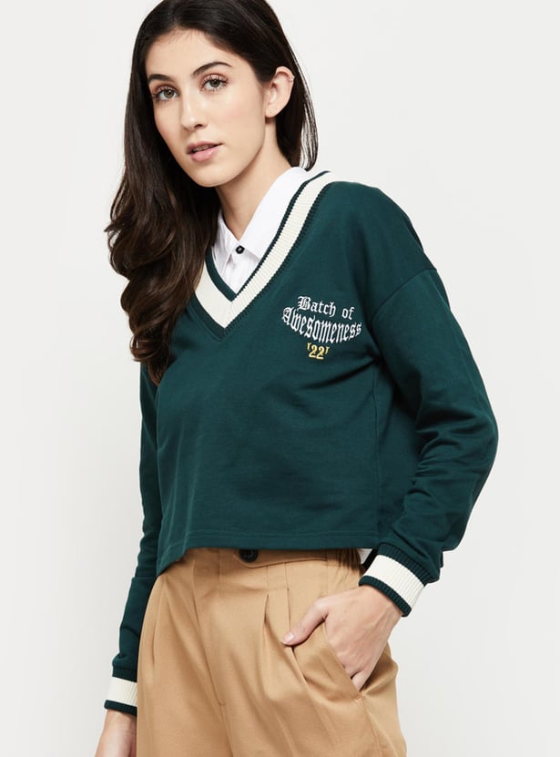 MAX Women Printed V-Neck Sweater