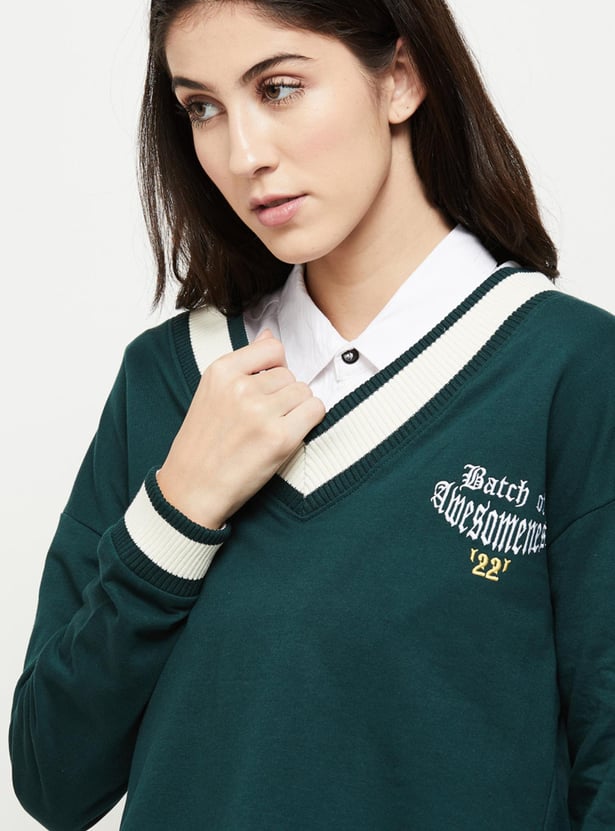 MAX Women Printed V-Neck Sweater