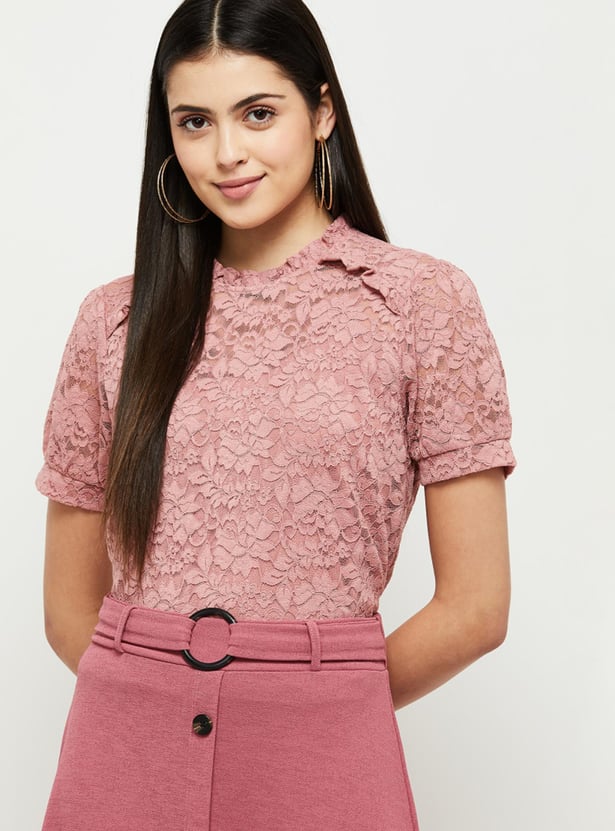 Women Lace Top with Scalloped Trim