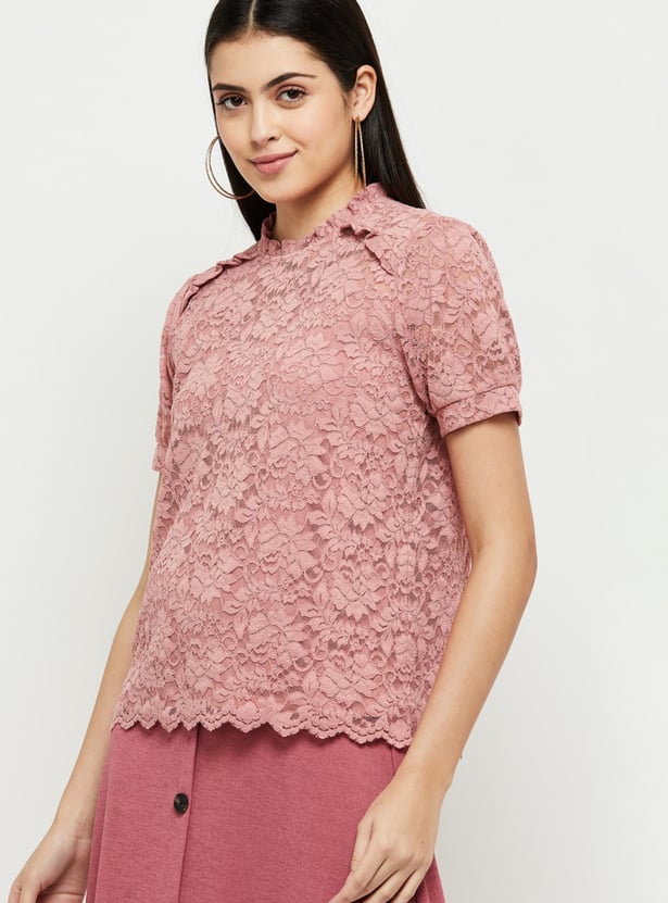 Women Lace Top with Scalloped Trim