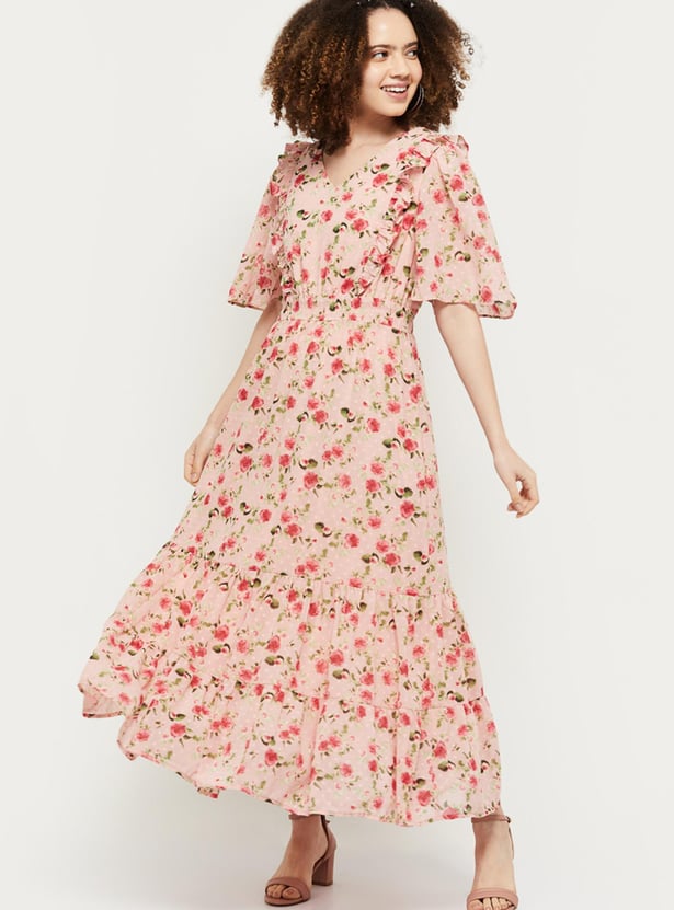 Women Floral Printed V-Neck Maxi Dress