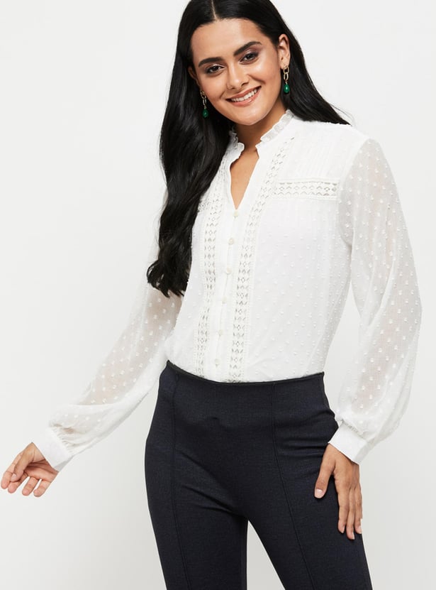 Women Textured Band Collar Top