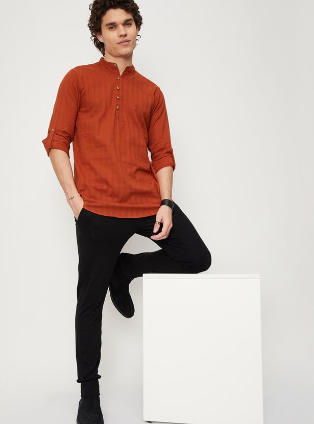 Men Striped Band Collar Short Kurta