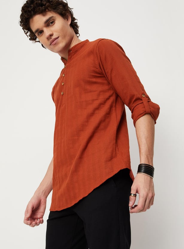 Men Striped Band Collar Short Kurta