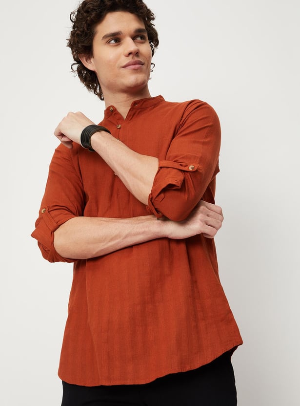 Men Striped Band Collar Short Kurta