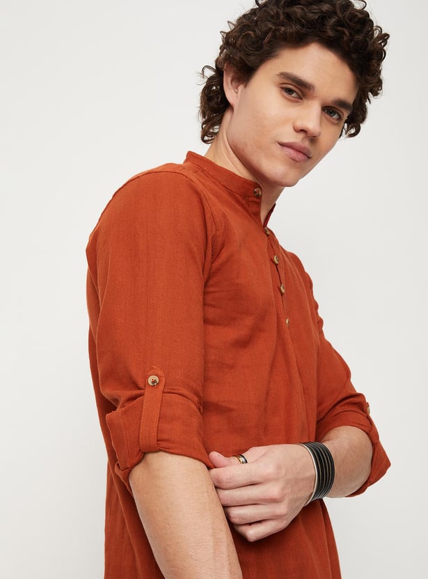 Men Striped Band Collar Short Kurta