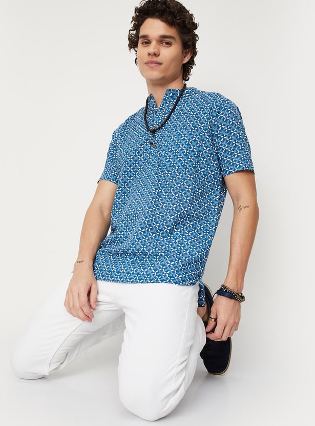 Men Cambric Printed Band Collar Short Kurta