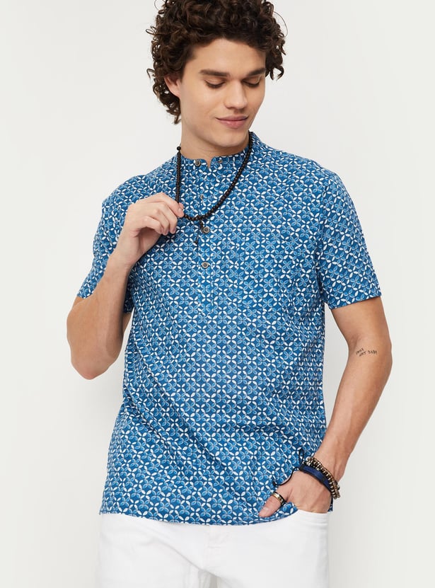 Men Cambric Printed Band Collar Short Kurta