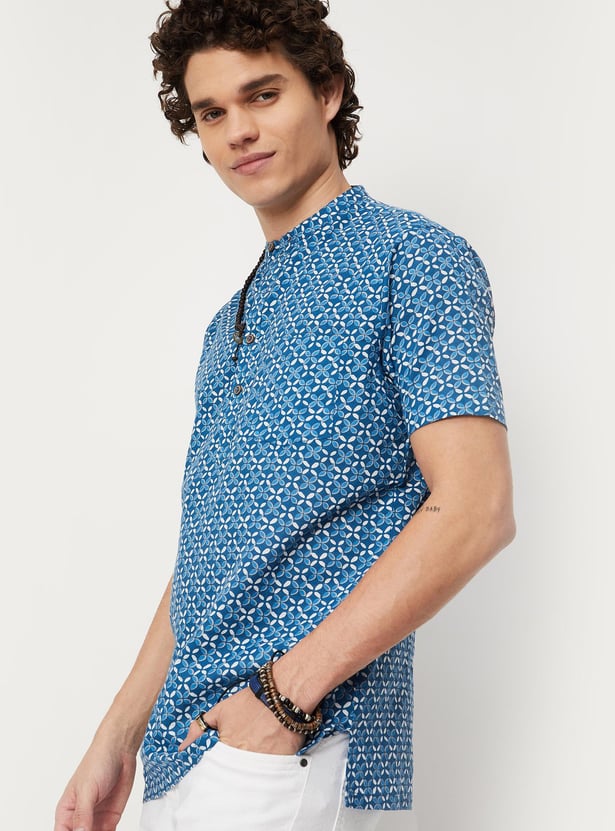 Men Cambric Printed Band Collar Short Kurta