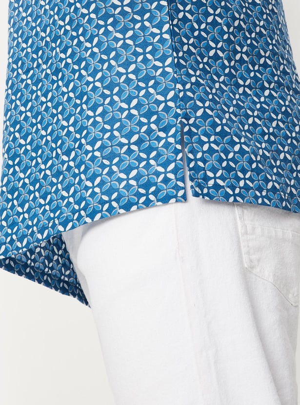 Men Cambric Printed Band Collar Short Kurta