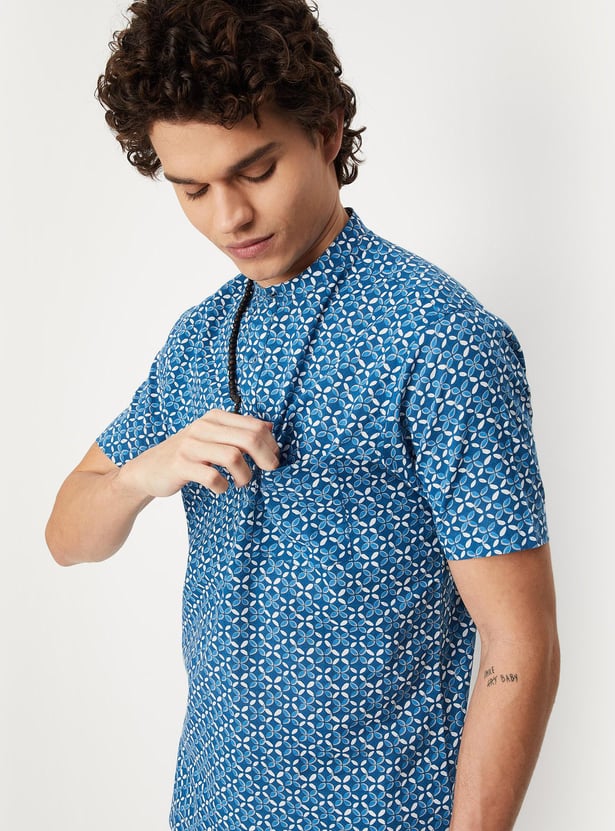 Men Cambric Printed Band Collar Short Kurta