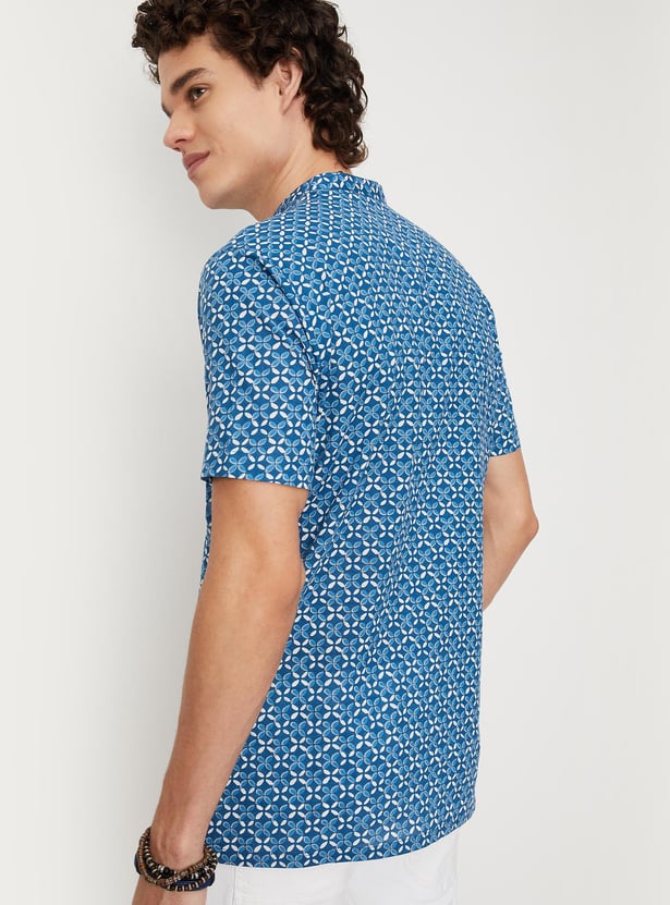 Men Cambric Printed Band Collar Short Kurta