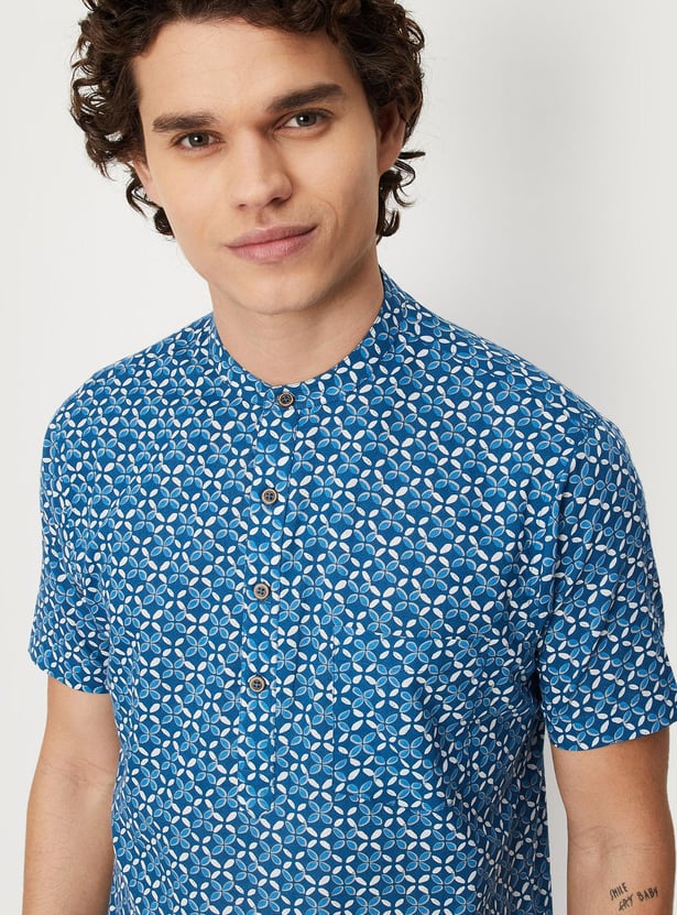 Men Cambric Printed Band Collar Short Kurta