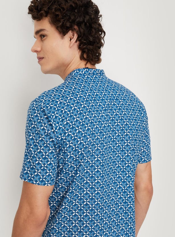 Men Cambric Printed Band Collar Short Kurta