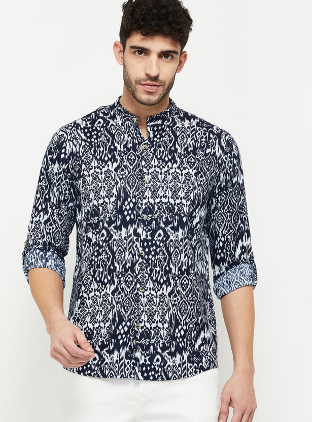 Men Tribal Printed Mandarin Collar Casual Shirt