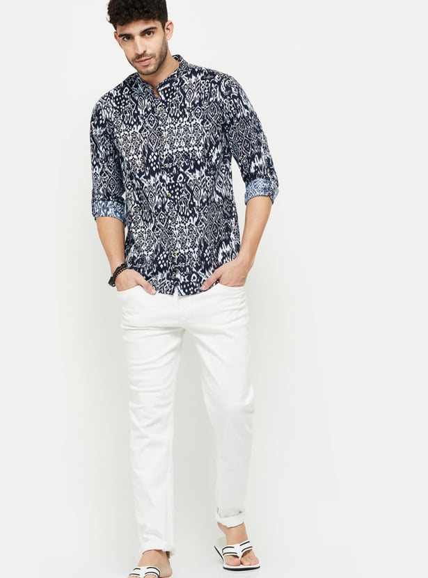 Men Tribal Printed Mandarin Collar Casual Shirt
