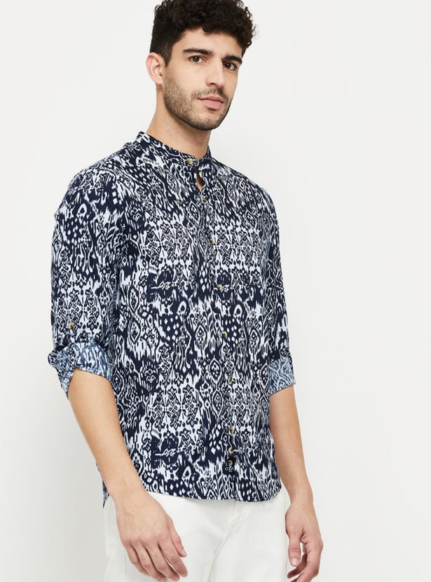 Men Tribal Printed Mandarin Collar Casual Shirt