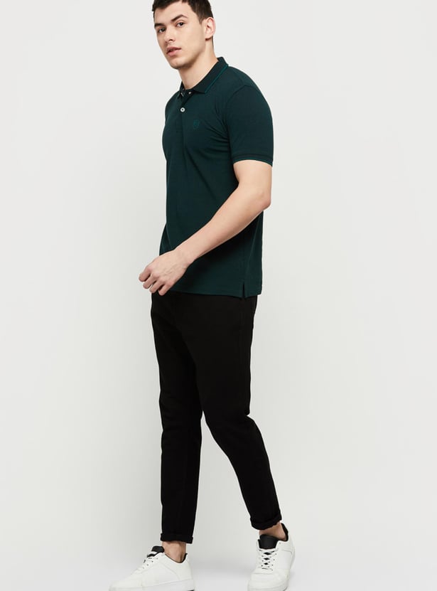 Men Textured Slim Fit Polo T-shirt with Contrast Tipping