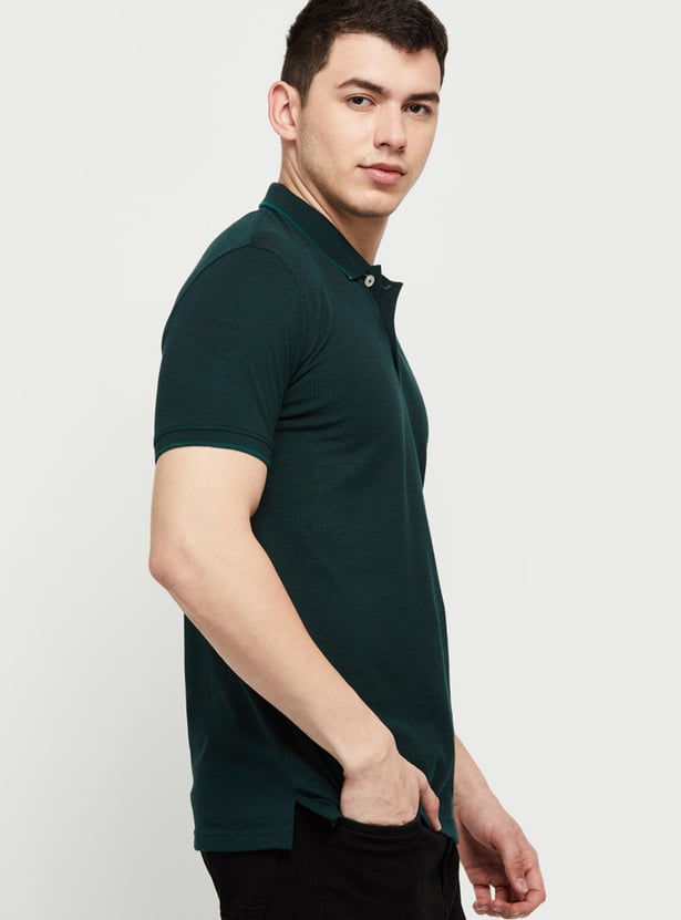 Men Textured Slim Fit Polo T-shirt with Contrast Tipping