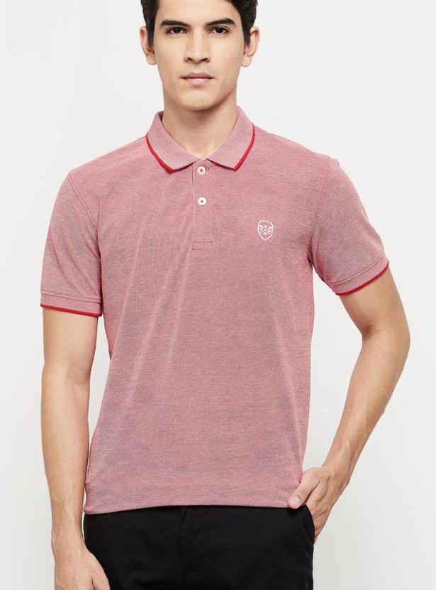 Men Textured Slim Fit Polo T-shirt with Contrast Tipping