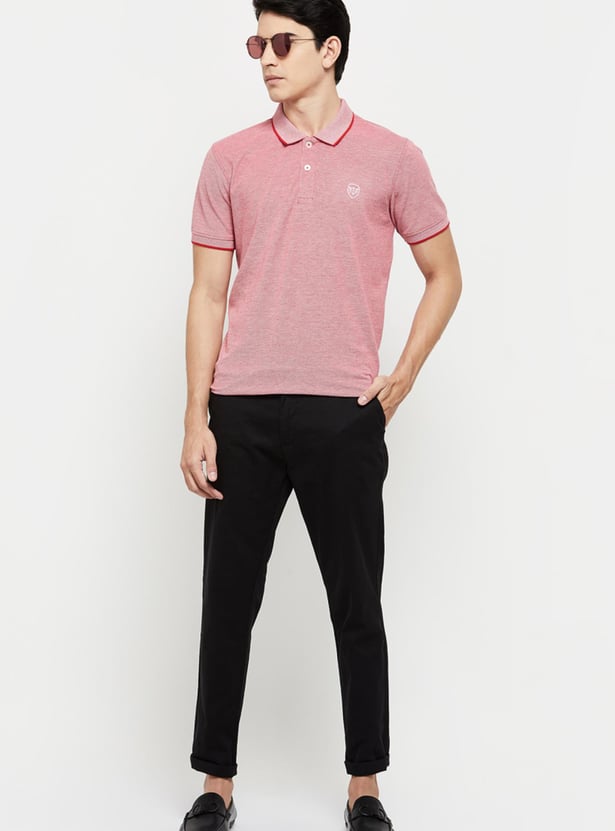 Men Textured Slim Fit Polo T-shirt with Contrast Tipping