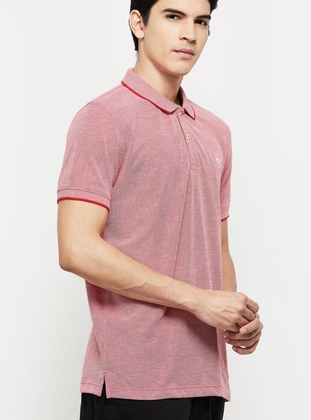 Men Textured Slim Fit Polo T-shirt with Contrast Tipping
