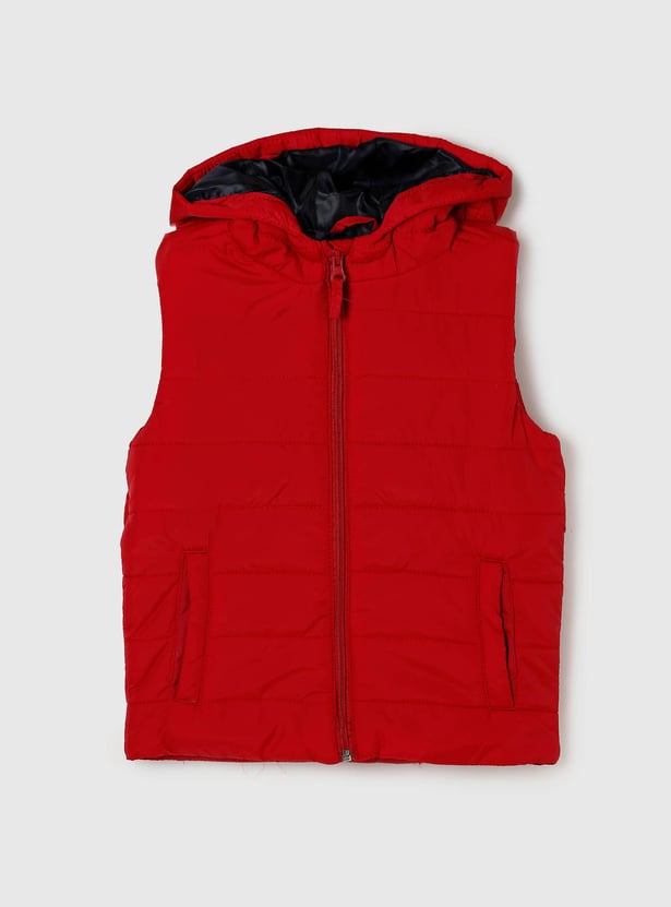 Boys Solid Zip Closure Sleeveless Hooded Jacket