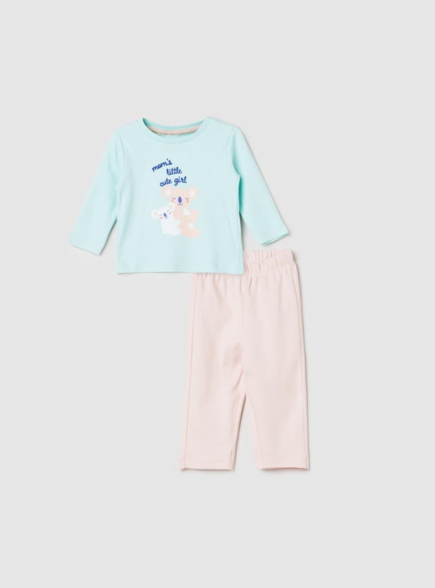 Girls Printed Round Neck T-shirt with Pyjamas