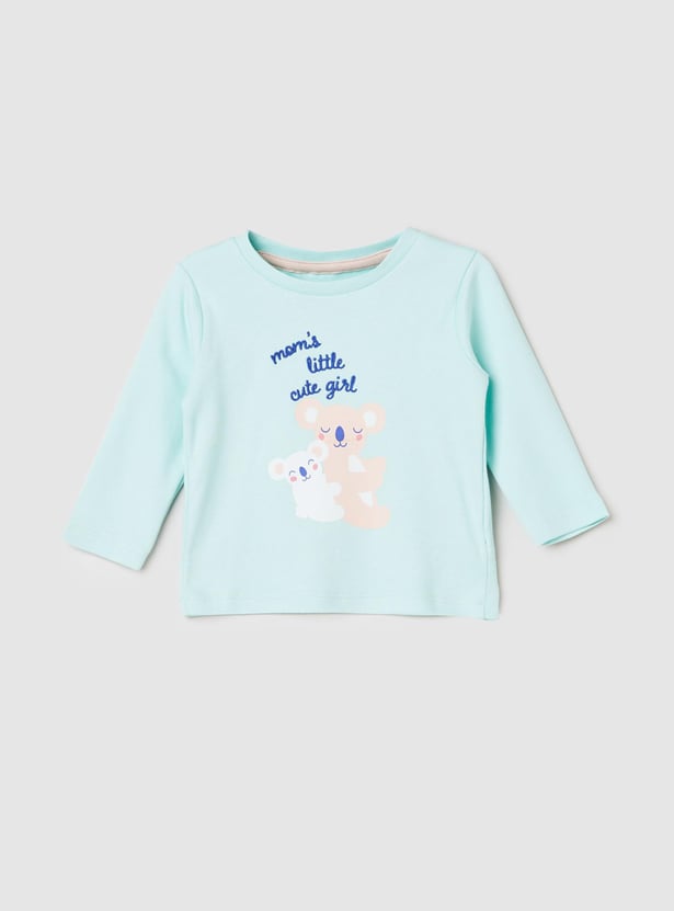 Girls Printed Round Neck T-shirt with Pyjamas