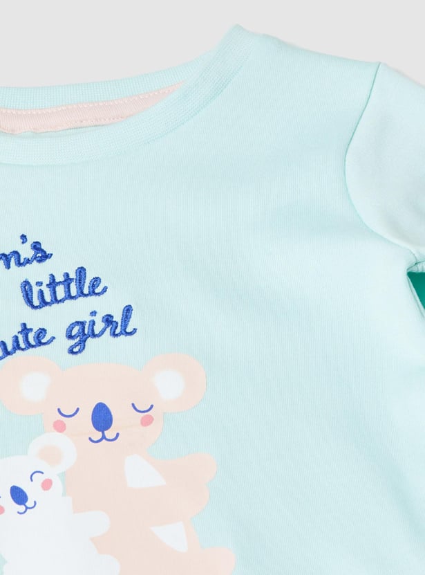 Girls Printed Round Neck T-shirt with Pyjamas