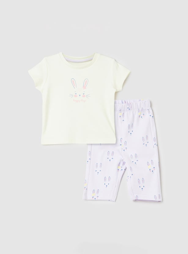 Girls Printed Round Neck T-shirt with Elasticated Pyjamas
